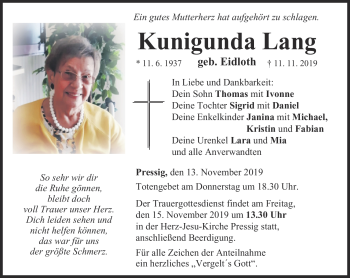 Traueranzeige von Kunigunda Lang von Neue Presse Coburg