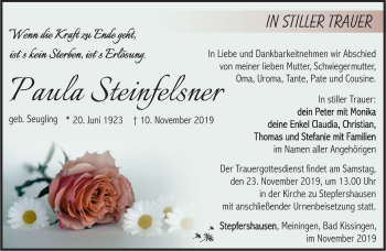 Traueranzeige von Paula Steinfelsner von Südthüringer Presse