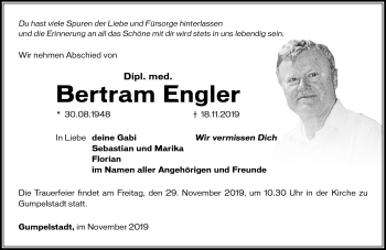 Traueranzeige von Bertram Engler von Südthüringer Presse