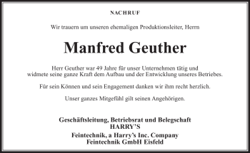 Traueranzeige von Manfred Geuther von Südthüringer Presse