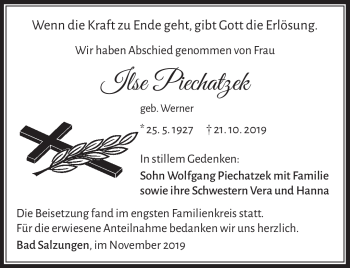 Traueranzeige von Ilse Piechatzek von Südthüringer Presse