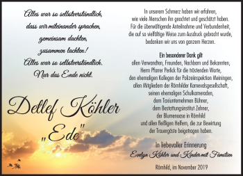Traueranzeige von Detlef Köhler von Südthüringer Presse