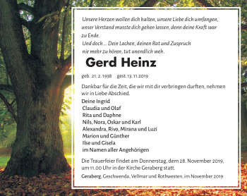 Traueranzeige von Gerd Heinz von Südthüringer Presse