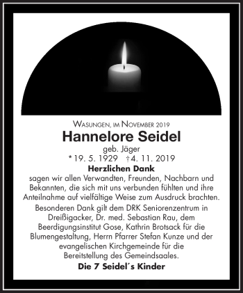 Traueranzeige von Hannelore Seidel von Südthüringer Presse