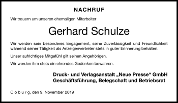 Traueranzeige von Gerhard Schulze von Neue Presse Coburg