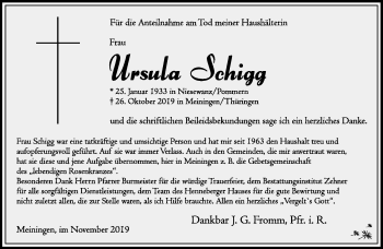 Traueranzeige von Ursula Schigg von Südthüringer Presse
