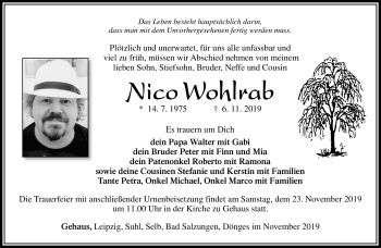 Traueranzeige von Nico Wohlrab von Südthüringer Presse