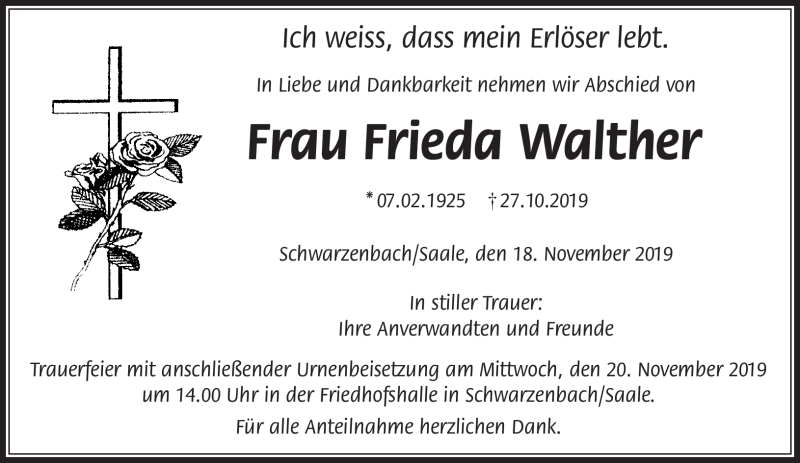  Traueranzeige für Frieda Walther vom 18.11.2019 aus Frankenpost