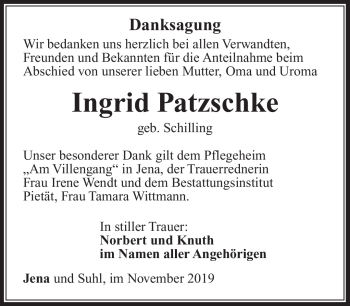 Traueranzeige von Ingrid Patzschke von Südthüringer Presse