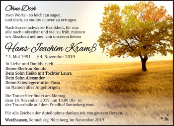 Traueranzeige von Hans-Joachim Kramß von Südthüringer Presse