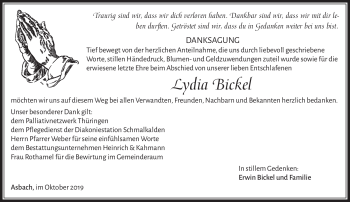 Traueranzeige von Lydia Bickel von Südthüringer Presse