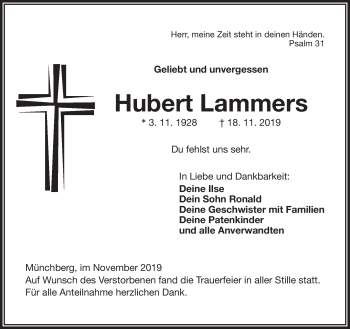 Traueranzeige von Hubert Lammers von Frankenpost