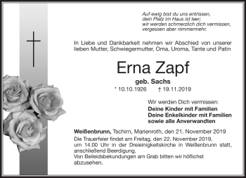 Traueranzeige von Erna Zapf von Neue Presse Coburg