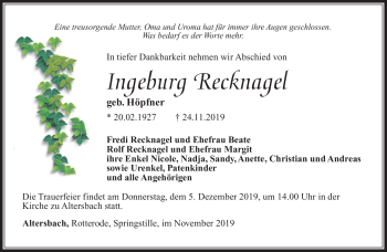 Traueranzeige von Ingeburg Recknagel von Südthüringer Presse
