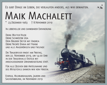 Traueranzeige von Maik Machalett von Südthüringer Presse