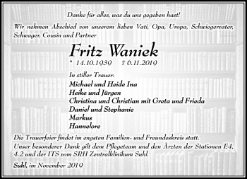 Traueranzeige von Fritz Waniek von Südthüringer Presse