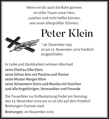 Traueranzeige von Peter Klein von Südthüringer Presse