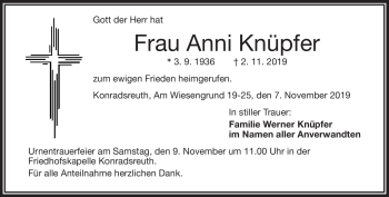 Traueranzeige von Anni Knüpfer von Frankenpost