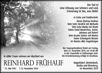 Traueranzeige von Reinhard Frühauf von Südthüringer Presse