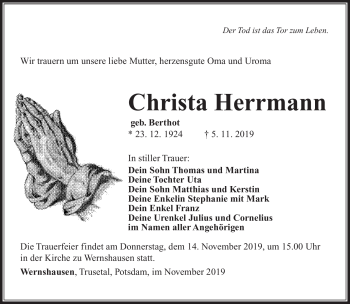 Traueranzeige von Christ Herrmann von Südthüringer Presse