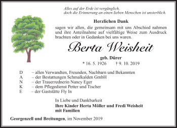 Traueranzeige von Berta Weisheit von Südthüringer Presse