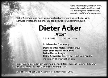 Traueranzeige von Dieter Acker von Südthüringer Presse