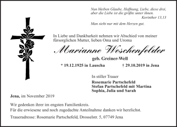 Traueranzeige von Marianne Weschenfelder von Südthüringer Presse