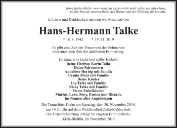 Traueranzeige von Hans-Herrmann Talke von Südthüringer Presse