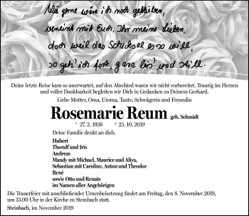 Traueranzeige von Rosemarie Reum von Südthüringer Presse