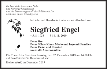 Traueranzeige von Siegfried Engel von Südthüringer Presse