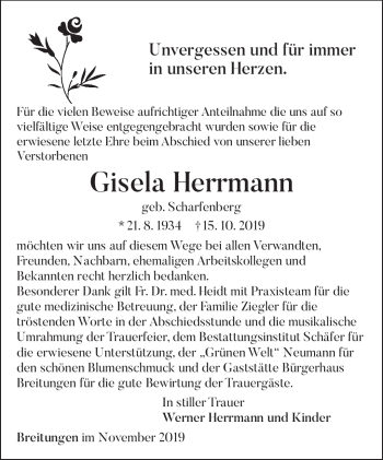 Traueranzeige von Gisela Herrmann von Südthüringer Presse
