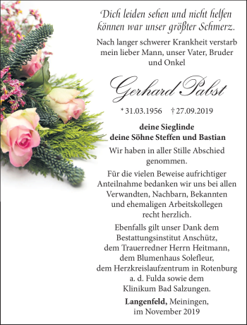 Traueranzeige von Gerhard Pabst von Südthüringer Presse