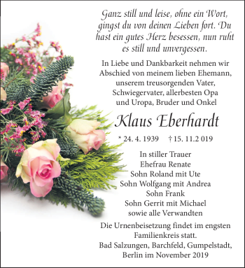 Traueranzeige von Klaus Eberhardt von Südthüringer Presse