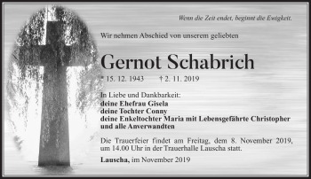 Traueranzeige von Gernot Schabrich von Südthüringer Presse