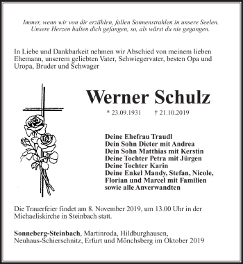 Traueranzeige von Werner Schulz von Südthüringer Presse