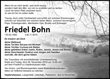 Traueranzeige von Friedel Bohn von Südthüringer Presse