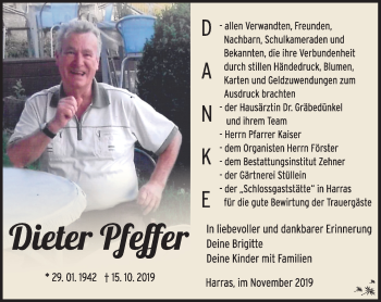 Traueranzeige von Dieter Pfeffer von Südthüringer Presse
