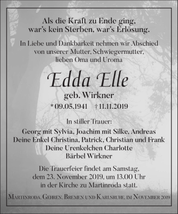 Traueranzeige von Elle Edda von Südthüringer Presse
