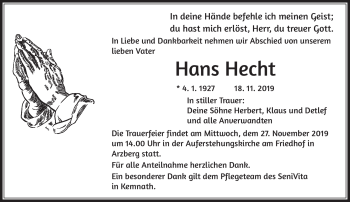 Traueranzeige von Hans Hecht von Frankenpost
