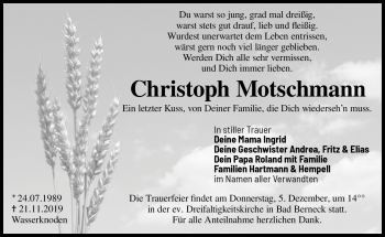 Traueranzeige von Christoph Motschmann von Frankenpost