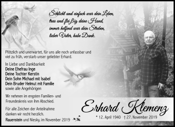 Traueranzeige von Erhard Klemenz von Südthüringer Presse