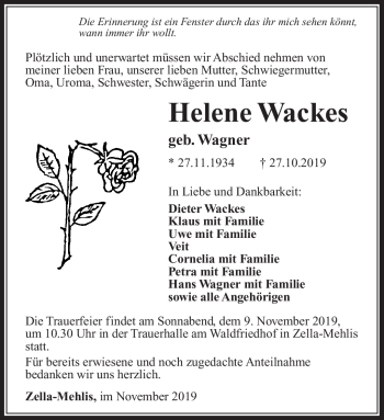 Traueranzeige von Helene Wackes von Südthüringer Presse