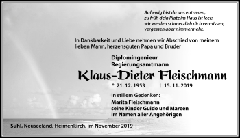 Traueranzeige von Klaus-Dieter Fleischmann von Südthüringer Presse