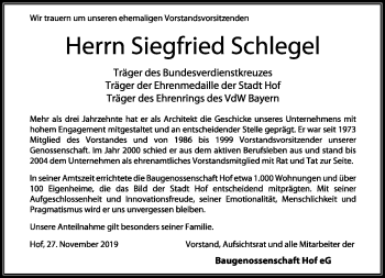 Traueranzeige von Siegfried Schlegel von Frankenpost