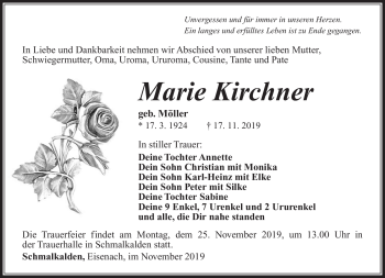 Traueranzeige von Marie Kirchner von Südthüringer Presse