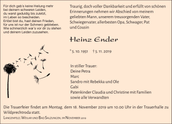 Traueranzeige von Heinz Enders von Südthüringer Presse