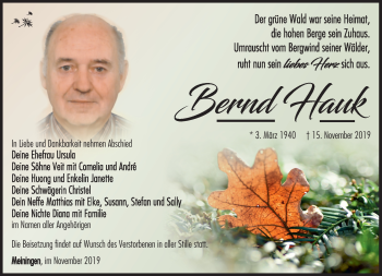 Traueranzeige von Bernd Hauk von Südthüringer Presse