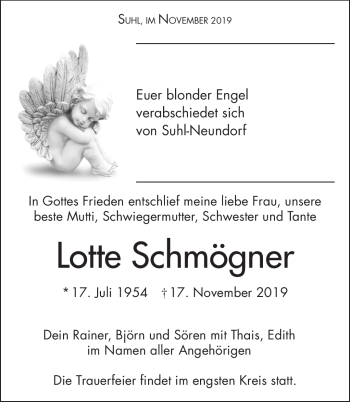 Traueranzeige von Lotte Schmögner von Südthüringer Presse