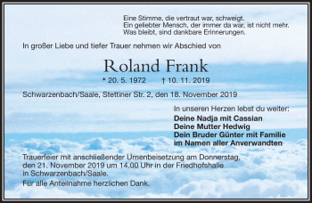 Traueranzeige von Roland Frank von Frankenpost