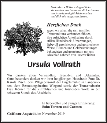 Traueranzeige von Ursula Vollrath von Südthüringer Presse